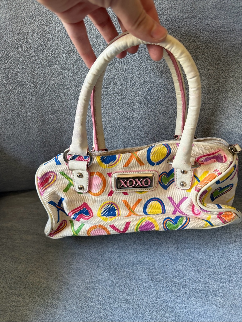 XOXO White Canvas Satchel with Multicolor Hearts & Xs